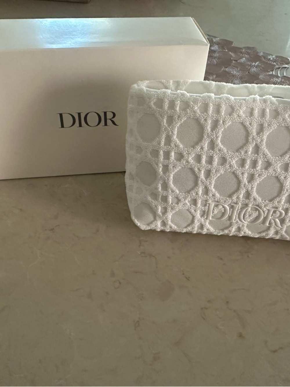 Dior White Quilted Embroidered Cosmetic Case